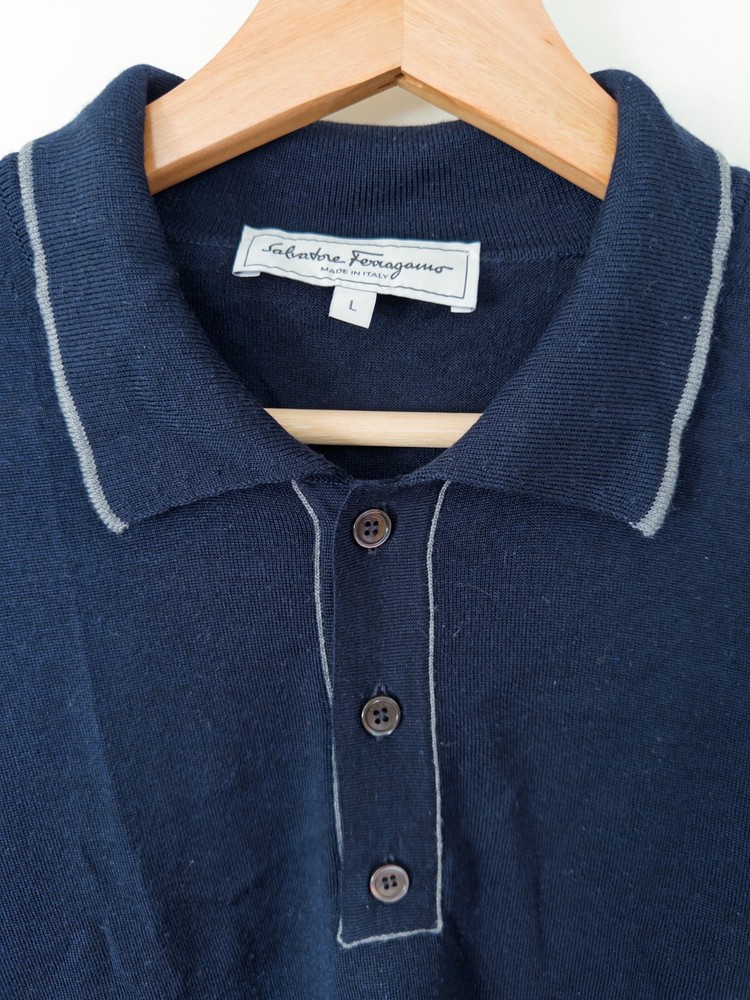 Salvatore Ferragamo Knitted Long Sleeve Polo, Blue, Large
