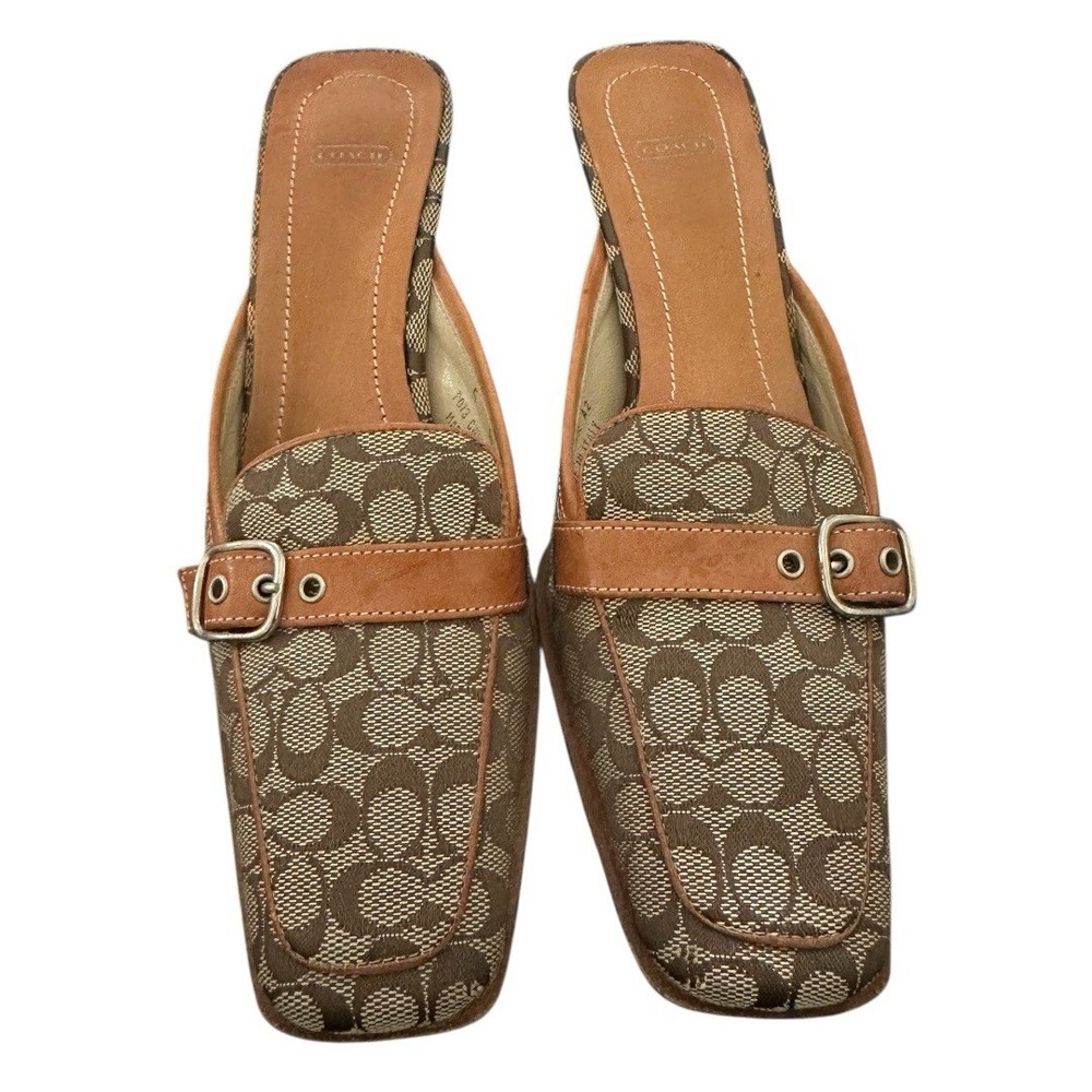 Coach Brown & Orange Logo Canvas Mules Slip-On Heel Size 5