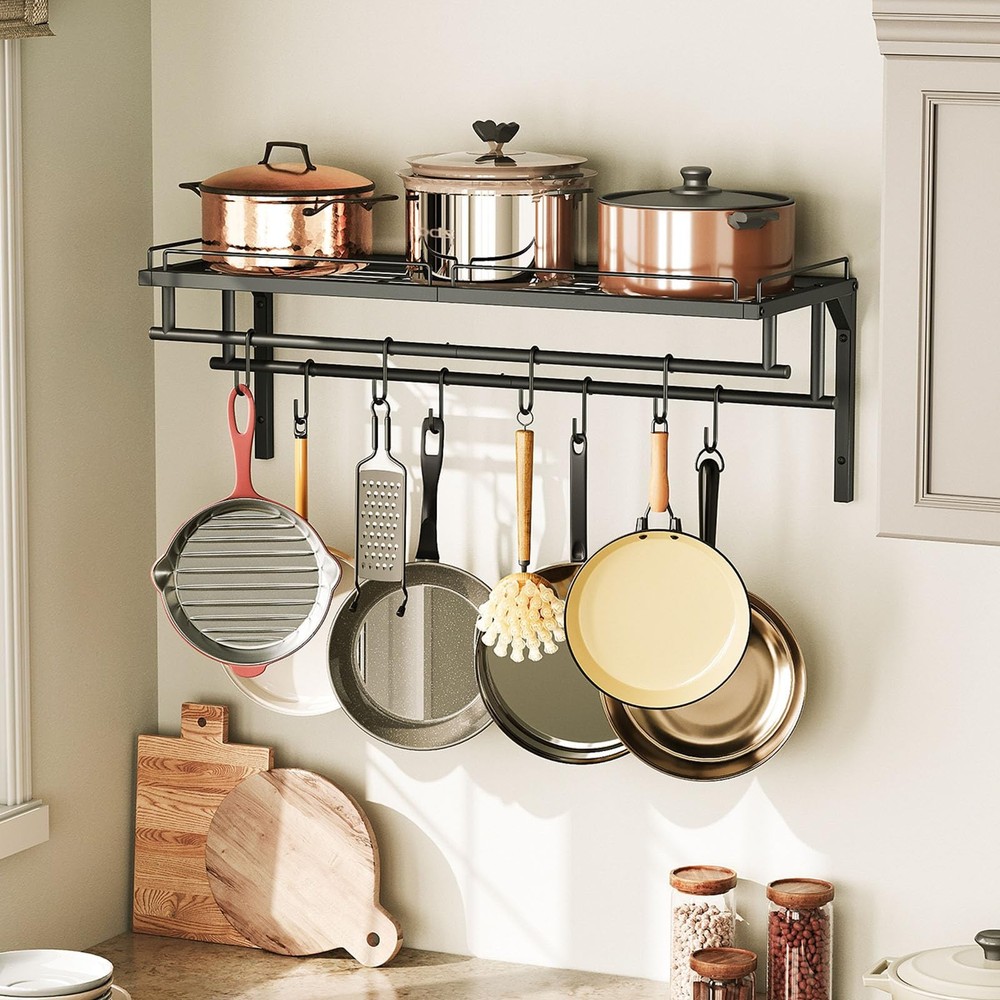 Best Hanging Pot Rack Wall-Mounted Kitchen Cookware Organizer, Metal and pan
