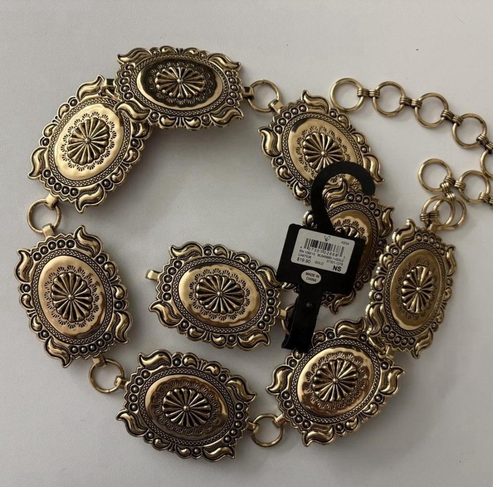 Gold Western Concho Belt Medallion Accents Geometric Pattern Women's