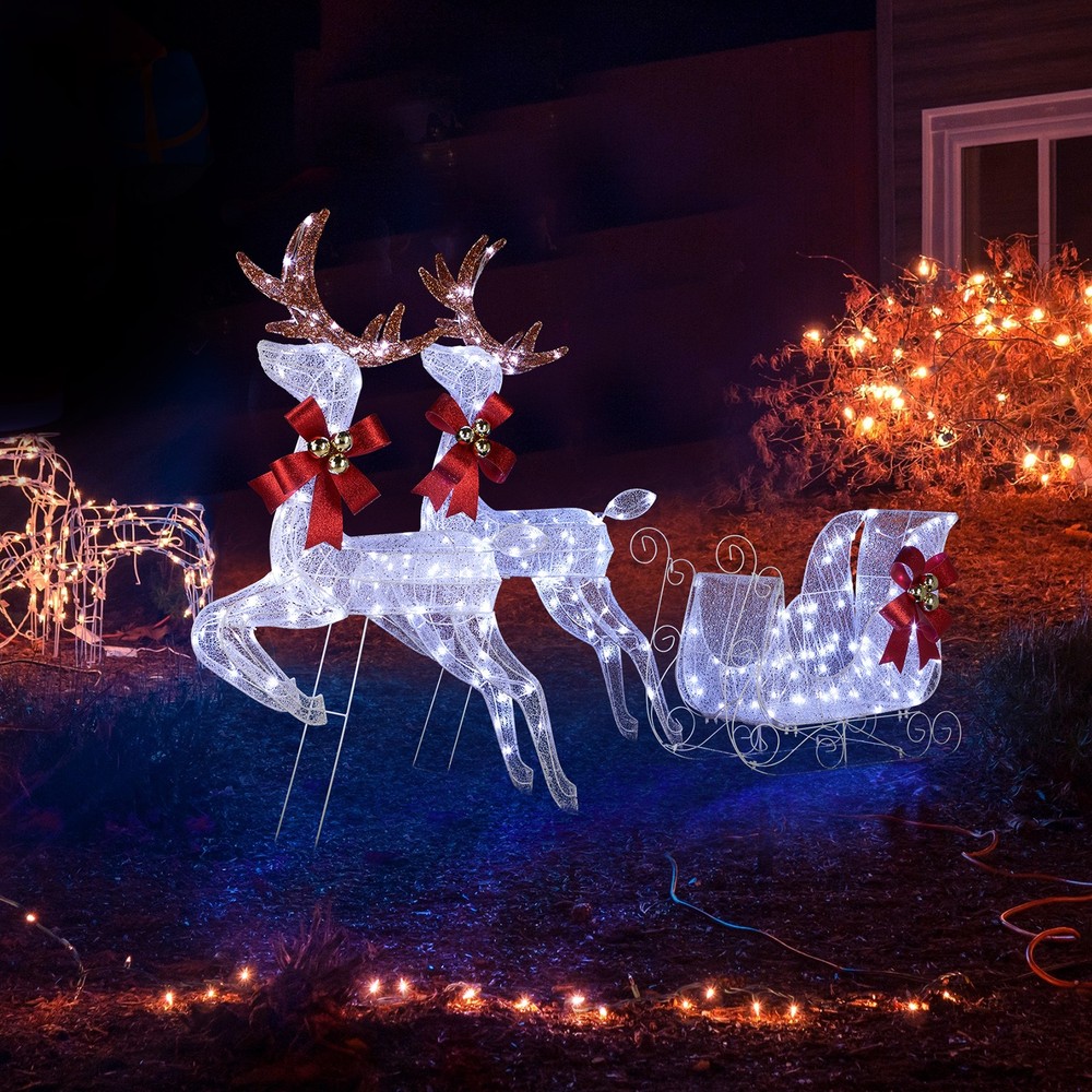 2PCS Reindeer with Sleigh Christmas Outdoor Decoration with Pre-lit 270 LEDs