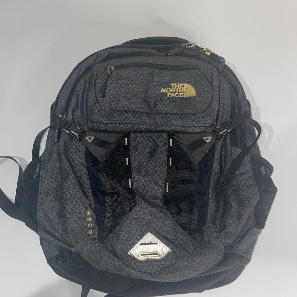 North Face Recon Backpack Black Gold Stitching FlexVent Laptop Bag Used