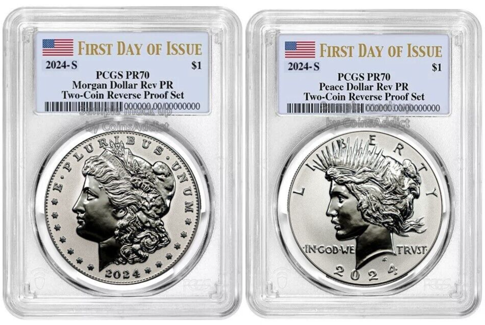 2024 S Morgan & Peace Silver $1 Reverse Two Coin PCGS PR70 First Day Of Issue