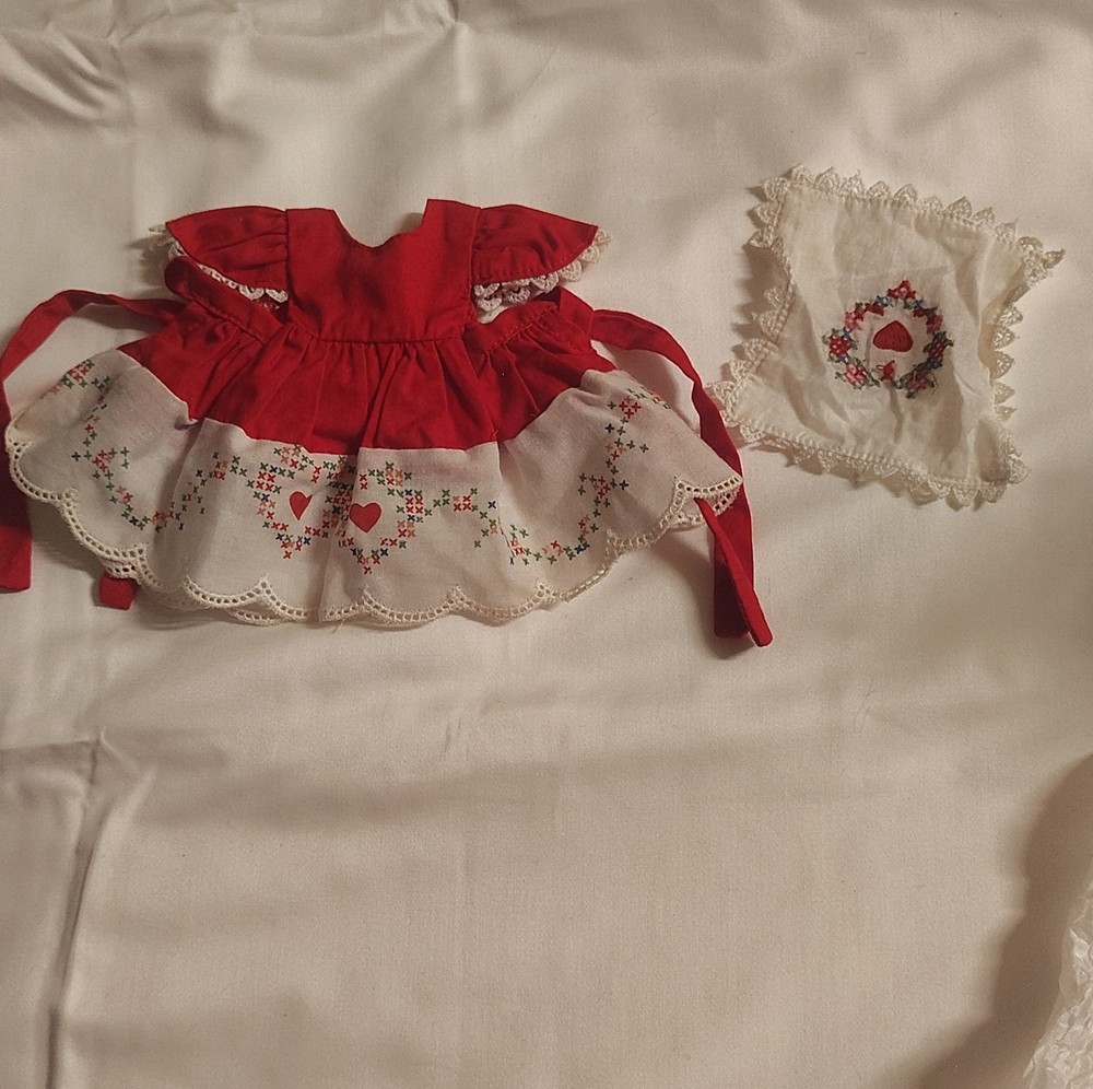 Red and White Doll Dress and Apron Set - Cloth Material, 2 Pieces, Holiday