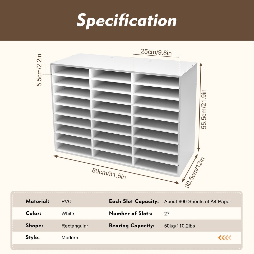 27-Slot PVC Literature Storage Rack for Classroom Mailbox File Holder in White