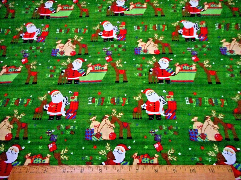 Christmas Fabric 1 1/2 Yard SALE Santas List Reindeer Gift Green Cotton #20 #C