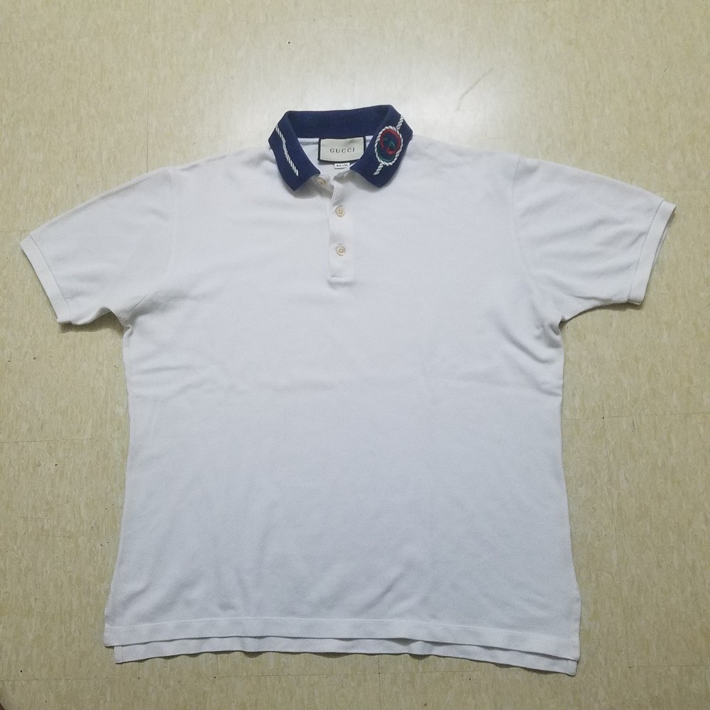 Gucci Mens Oversized White Polo with Embroidered GG Collar Large Free Shipping