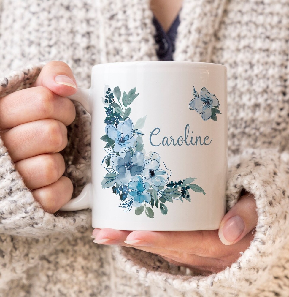 Personalized Mug Maid Of Honor Gift Bridesmaid Gift Gift For Her Blue Flowers