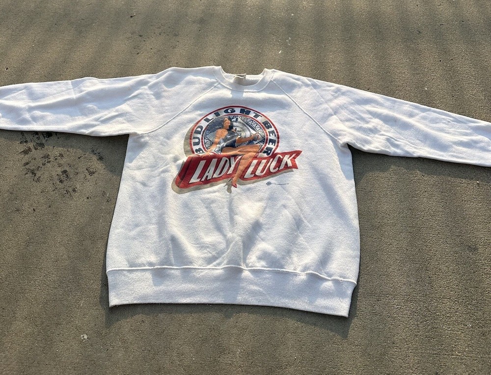 Vintage Bud Light Beer Lady Luck Lee White Sweatshirt - Size XL
