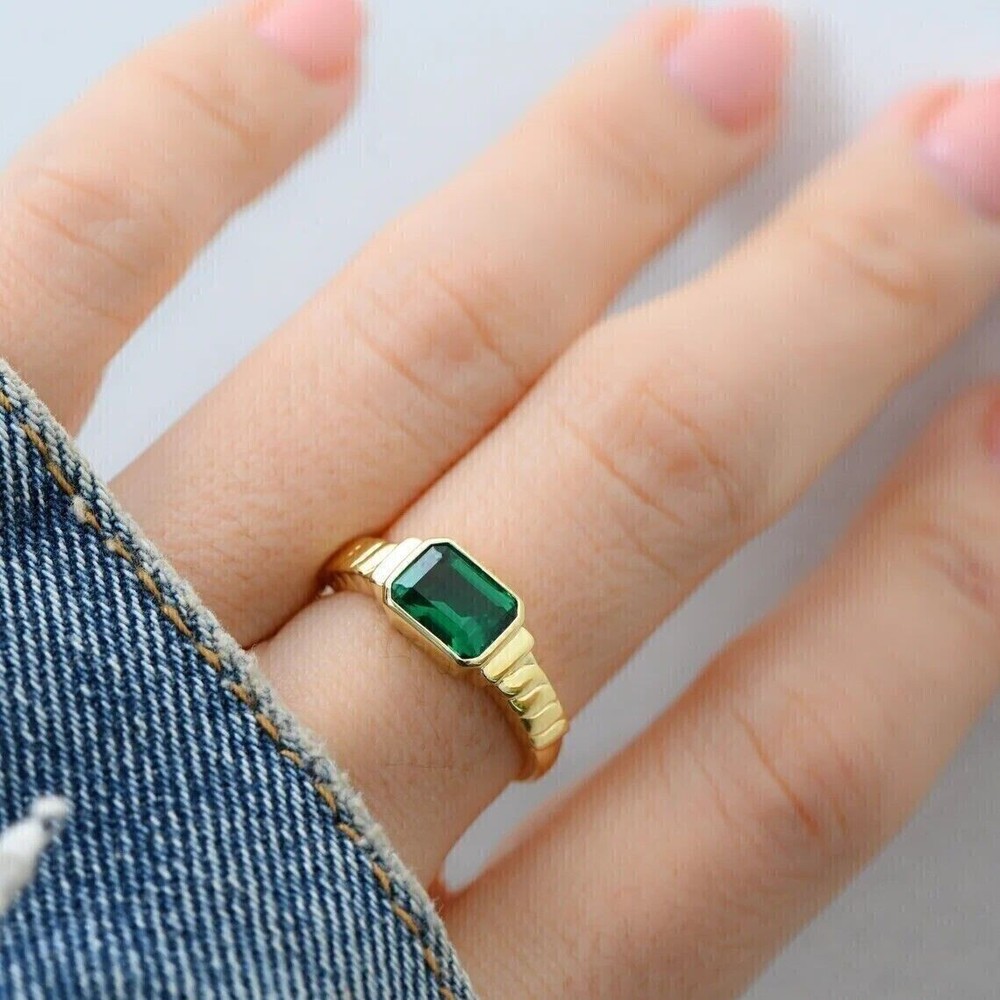 14k Yellow Gold Plated Emerald Cut Simulated Green Wedding Band Ring