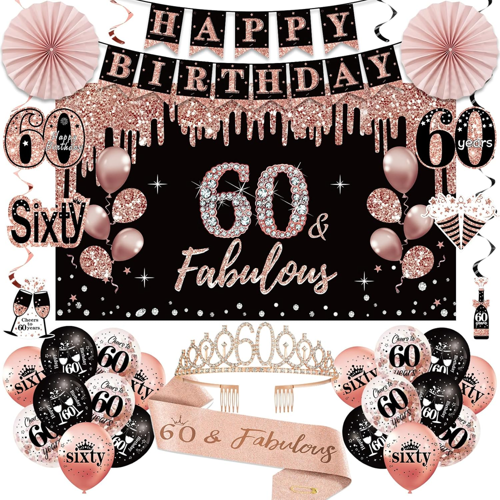 60Th Birthday Decorations for Women, 33Pcs Black Rose Gold Happy 60Th Birthday B