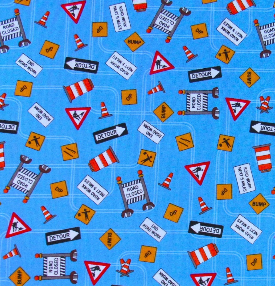 1-7/8 yds DIGGERS & DOZERS Contruction Road Signs Clothworks Quilting Fabric HTF