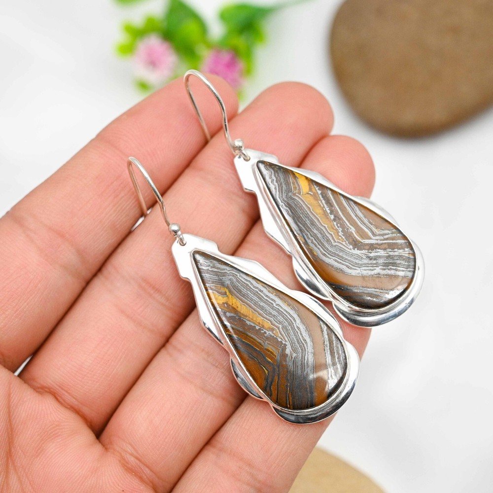 Iron Tiger Eye Gemstone Earrings 925 Sterling Silver Handmade Jewelry Woman Gift