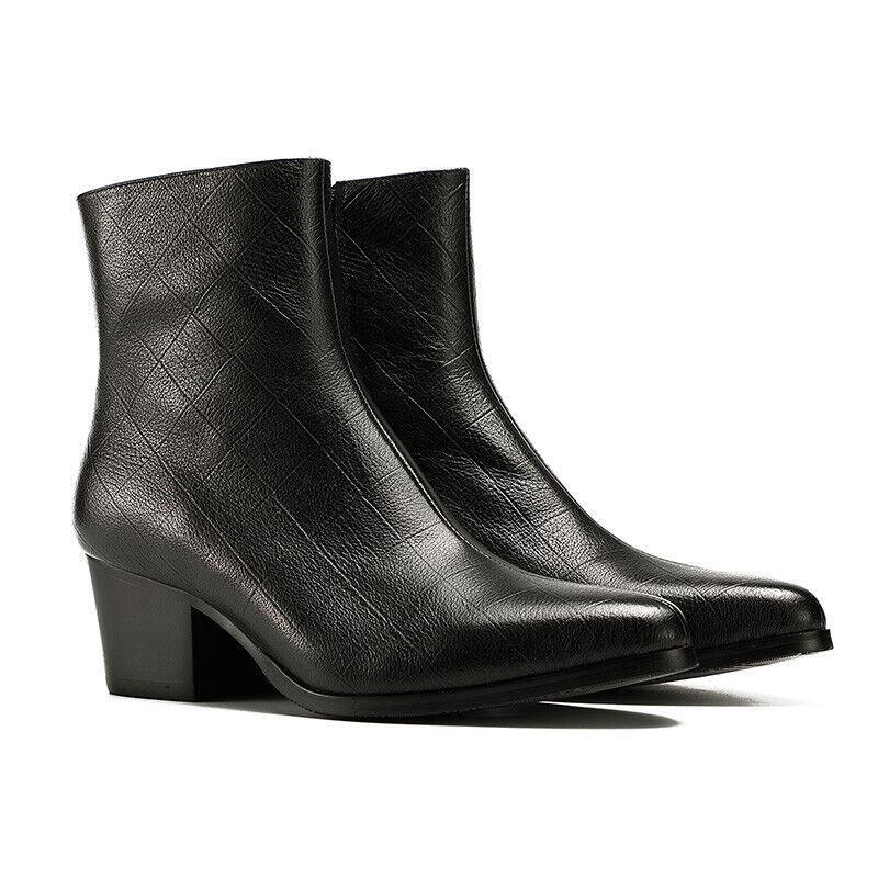 Men's Leather Dress Shoes Pointed Toe Ankle Boots Block Heels Formal High Top OL