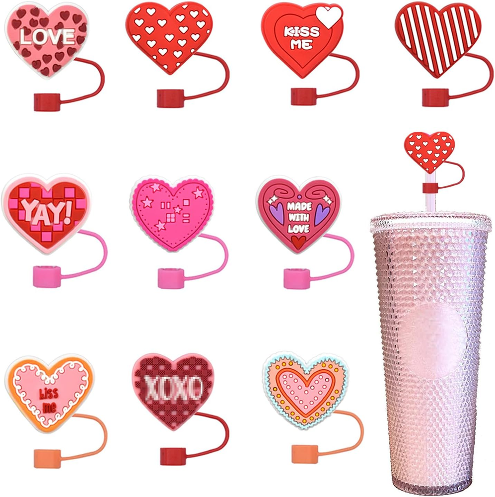 10 Pcs Straw Cover Cap Valentines Day Straw Covers Heart Silicone Straw Toppe...