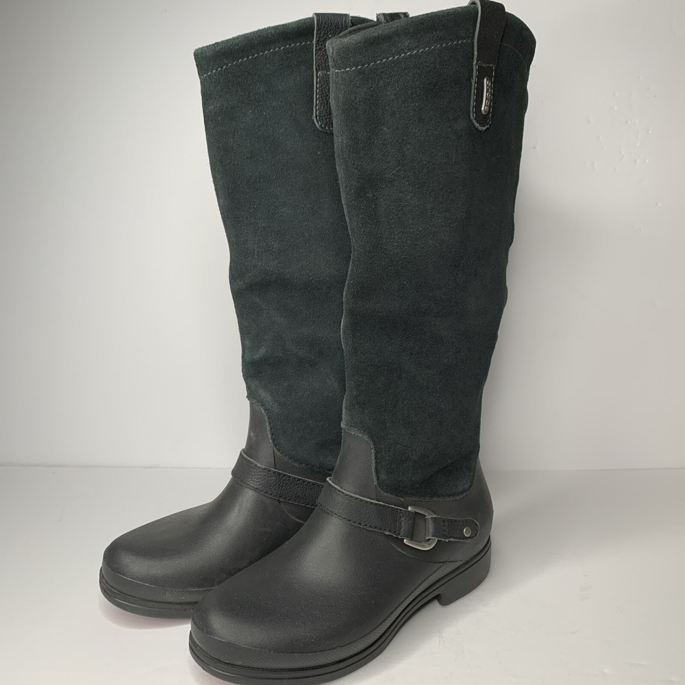 Botas negras ecuestres de gamuza de goma forradas con cremallera cómodas CROCS para mujer talla 7M altas