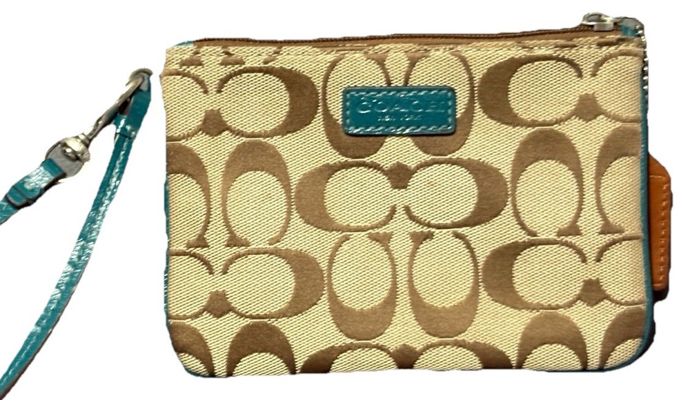 Coach Signature Khaki Canvas Teal Wristlet