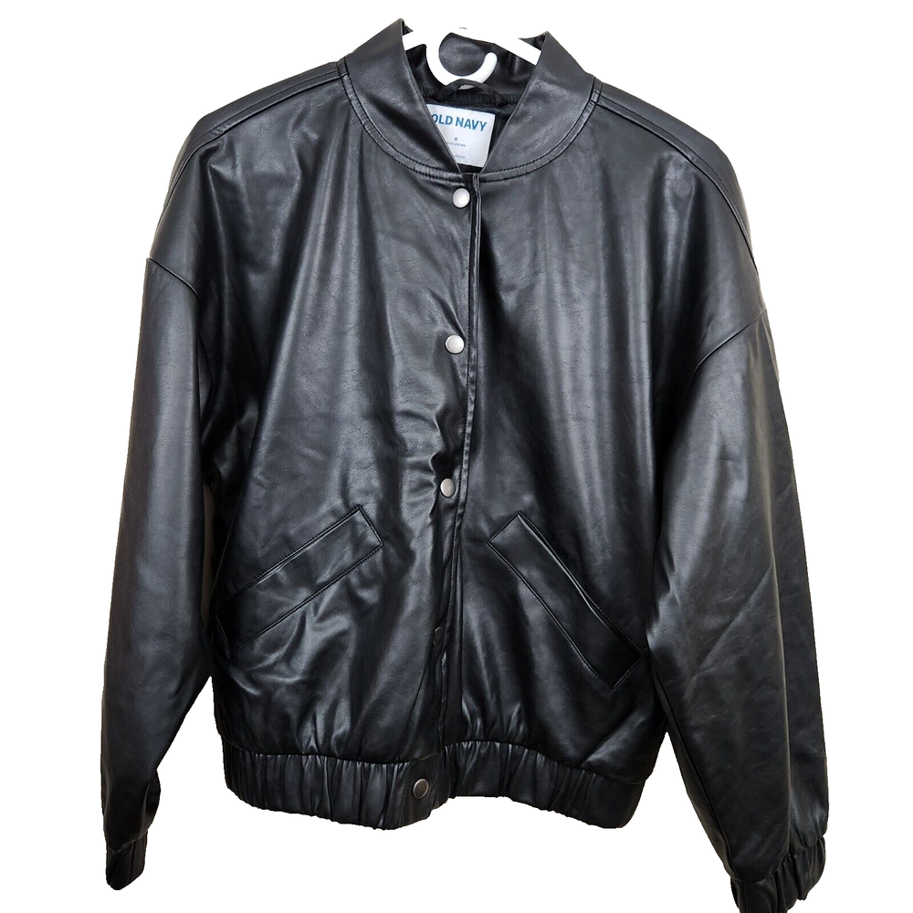 Men's OLD NAVY Jacket Black Jack Faux Leather Snap Up Bomber Casual Coat 2023