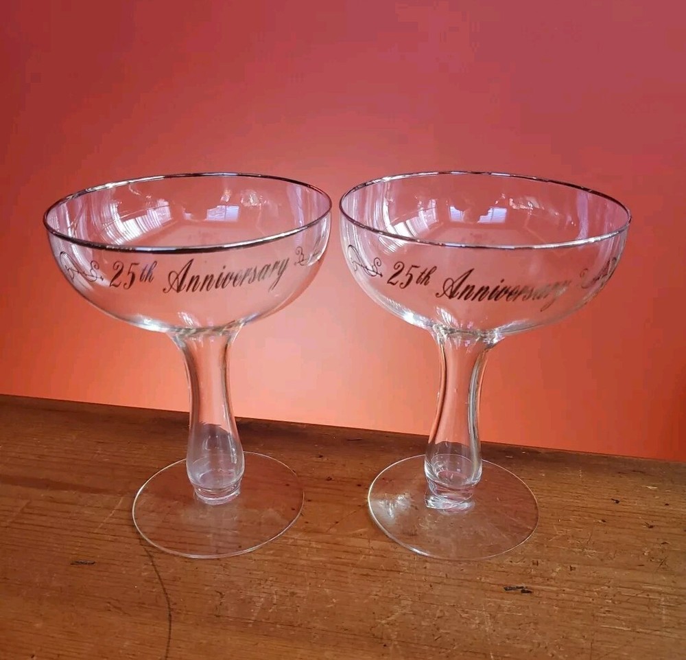 25th Anniversary Hollow Stem Silver Champagne Toasting Glasses Set of 2