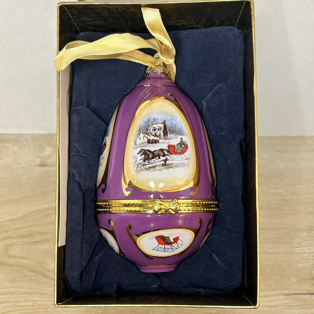 Vintage Mr Christmas Musical Porcelain Egg Trinket Box Purple Holiday Ornament