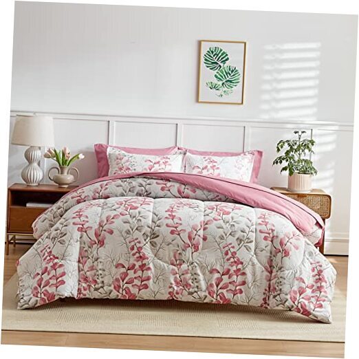 Pink Floral Comforter Sheet Set Bed in a Bag 7 Pieces Queen-7 Pieces Flowers