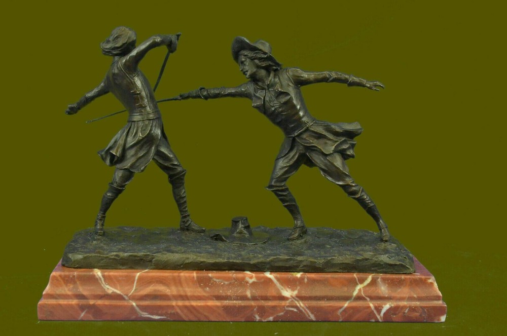 TWO FENCER FENCING BRONZE SCULPTURE FIGURINE FIGURE ART SPORT STATUE MARBLE BASE