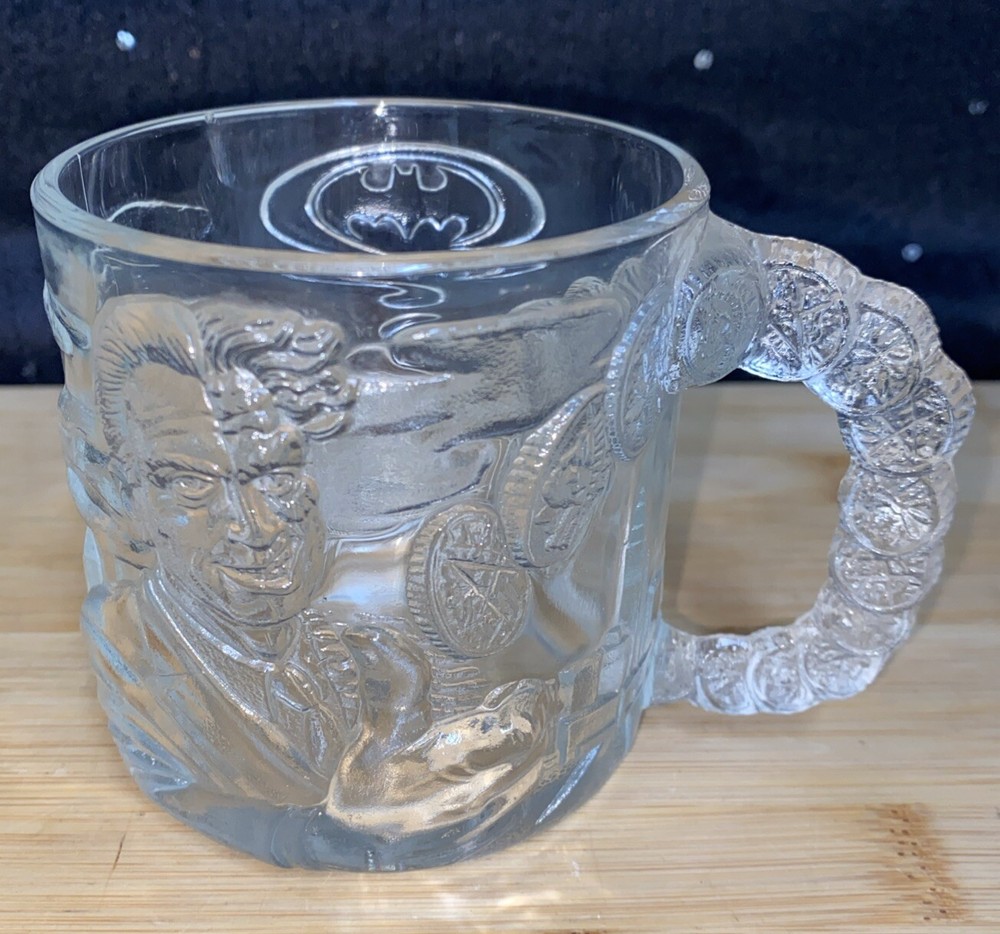 Vintage Mc Donalds Glass Mug Batman Forever Two Face Clear 3D Cup 10 fl oz VTG