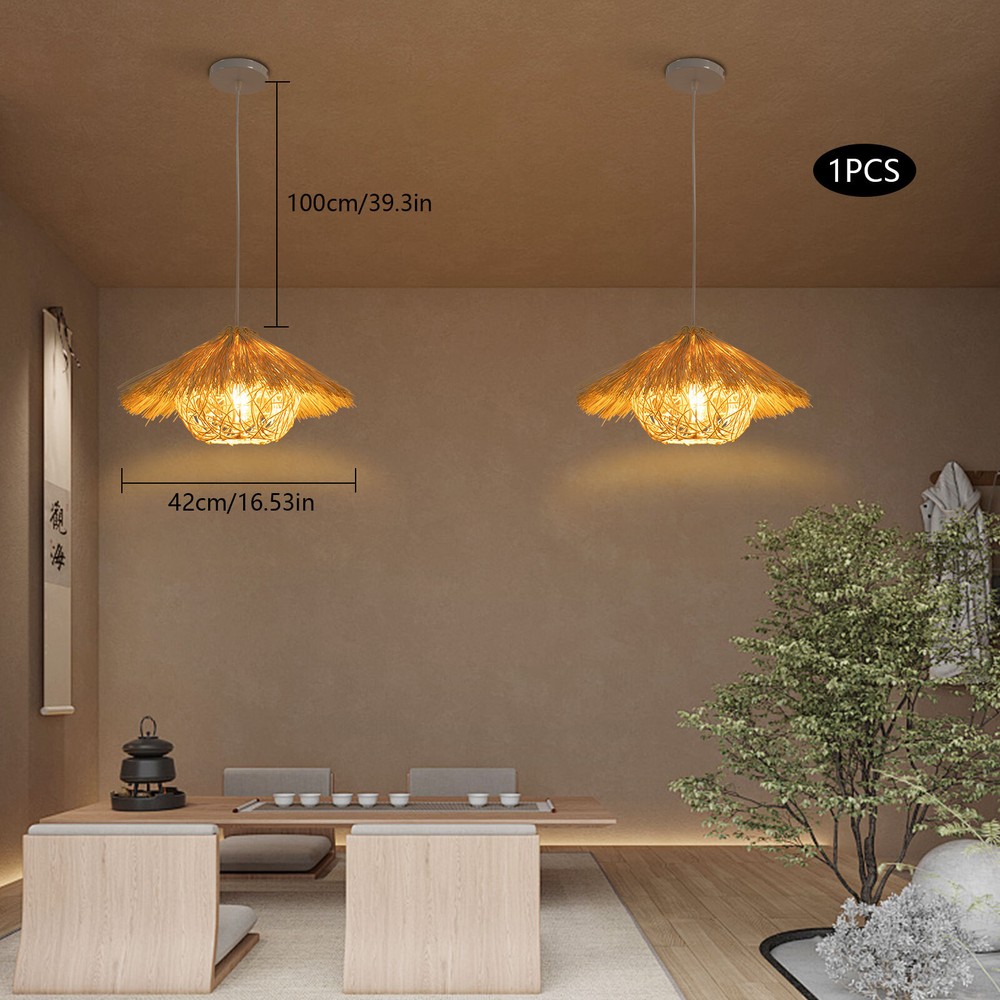 E26 Wicker Rattan Shade Pendant Light Hand-Woven Farmhouse Ceiling Lamp Fixture