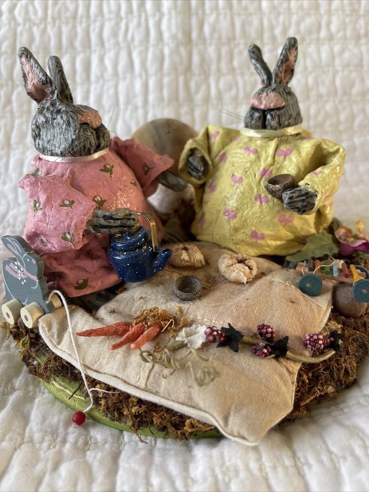 Vintage Easter Paper Mache Rabbit Tea 1991 Handmade Bollinger Cinnamonroll