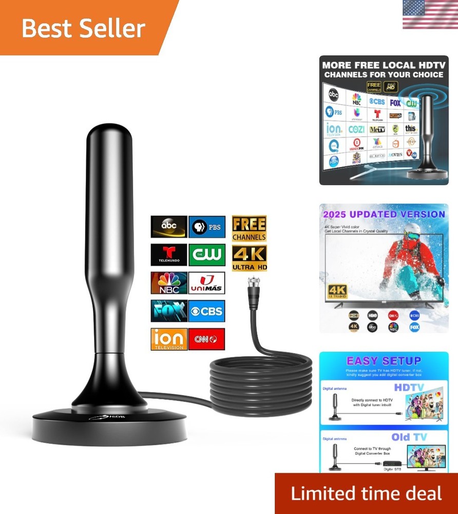Compact Indoor TV Antenna with Strong Magnetic Base - Crystal Clear 4K Reception