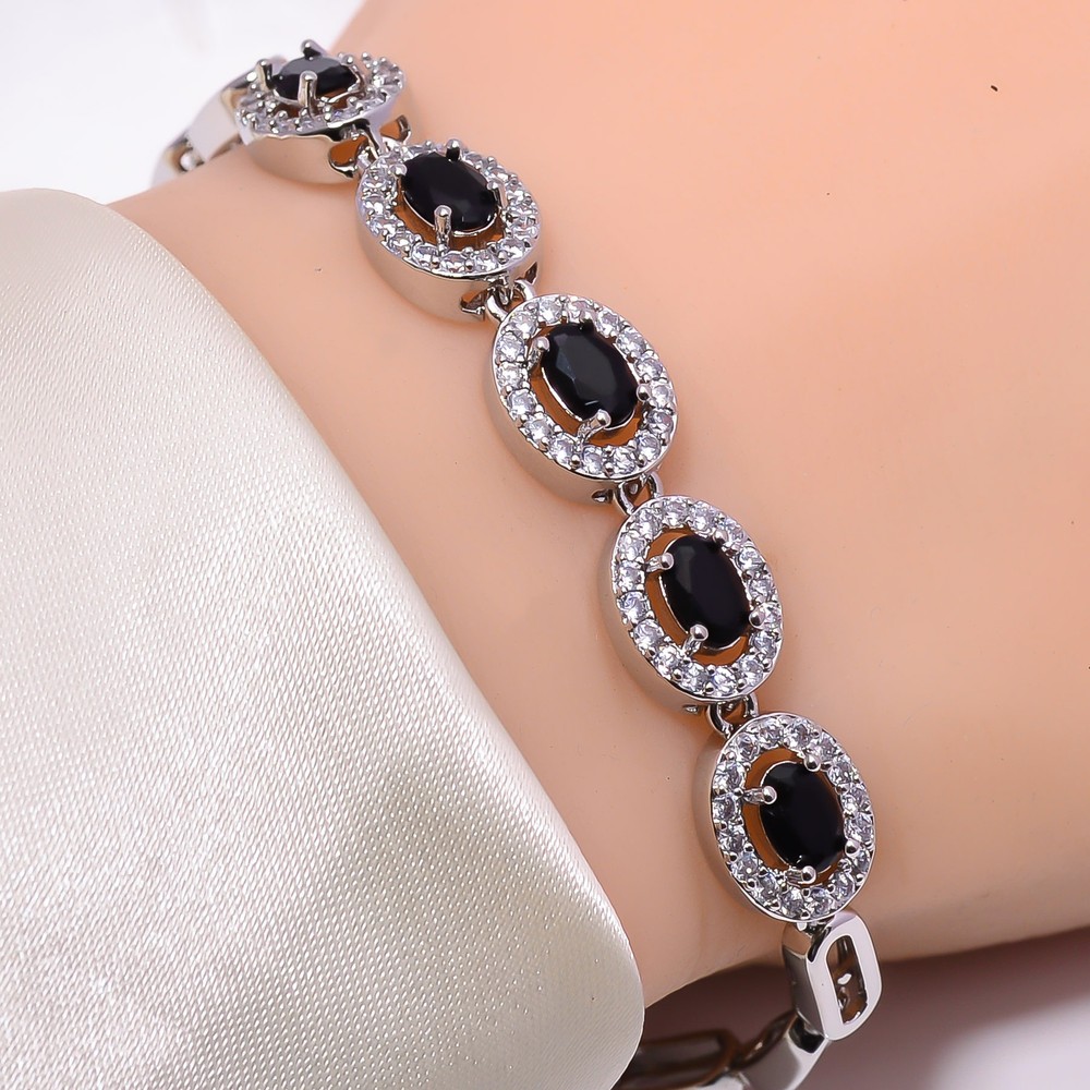 Black Onyx & Cubic Zirconia 925 Sterling Silver Tennis Bracelet 7