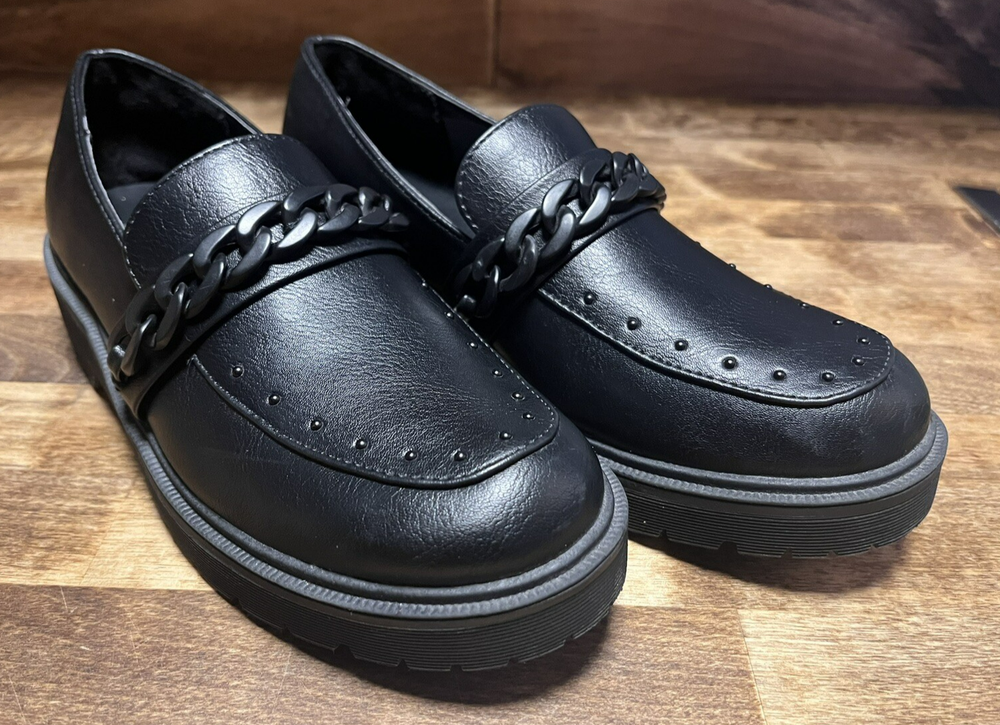 Report Hayden Chain Link Platform Loafers Black Lug Sole Studded Womens Size 7.5
