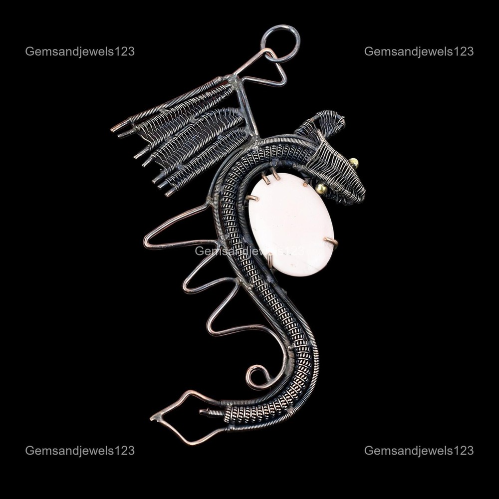 Cyber Monday Sale Pink Opal Gemstone Wire Wrapped Dragon Wedding Pendant Copper-image