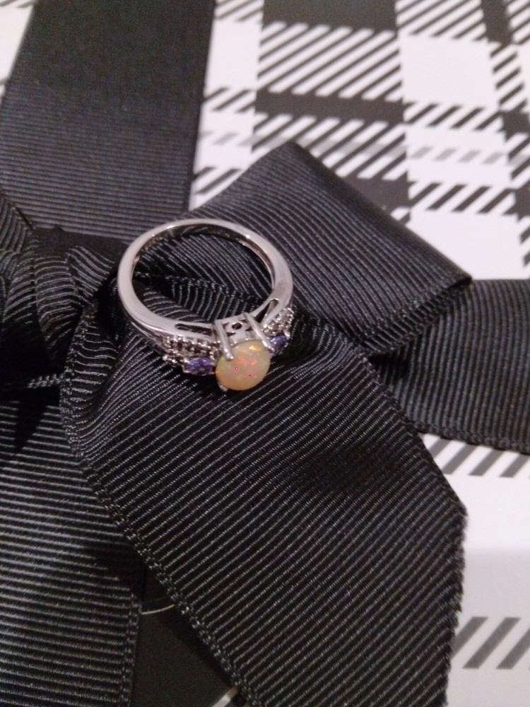 NOW $100 OFF!  Natural Ethiopian Opal Oval & 2 Natural Tanzanites Tanzanite Ring