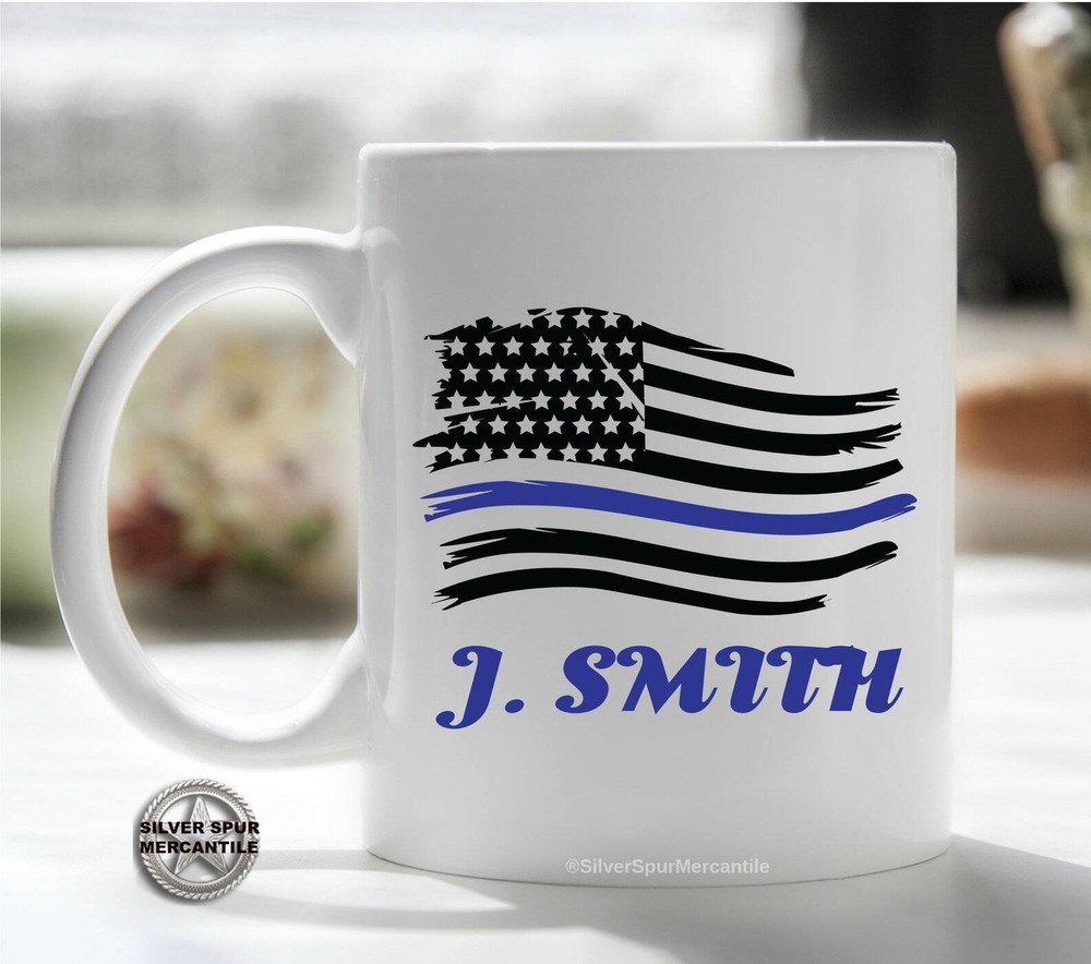 Personalized Blue Line Patriotic Coffee Mug Gift For Police Officer With Name