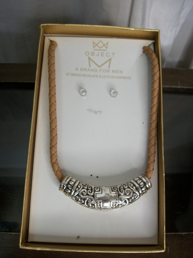 Men Jewelry Set Necklace, Leather & Brass with CZ Stud Earrings, NEW BOXED SET