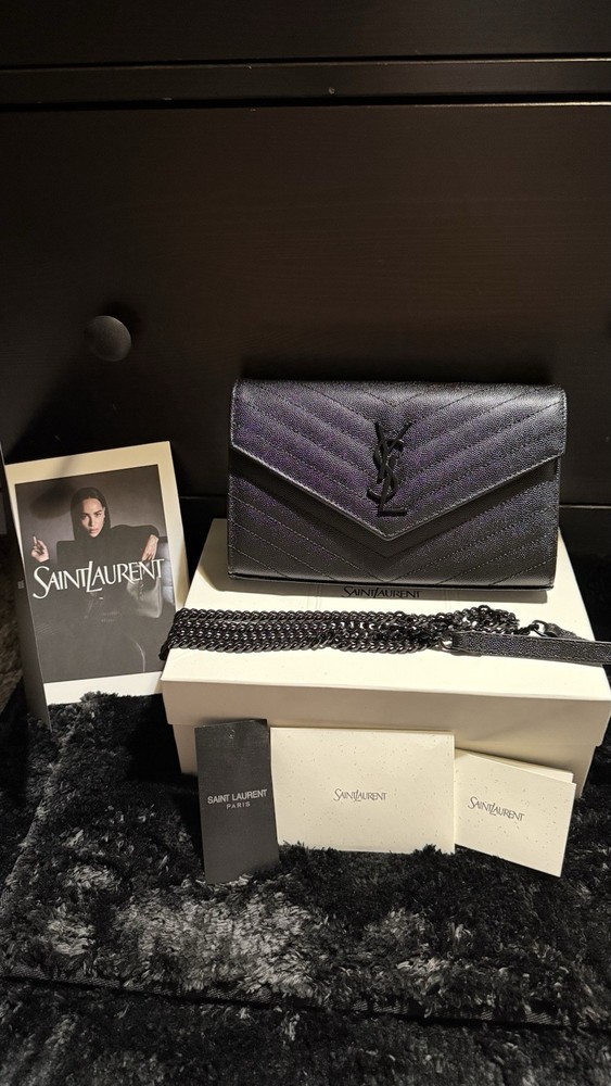 Saint Laurent YSL Envelope Wallet on Chain Black Leather WOC Black Hardware /Box