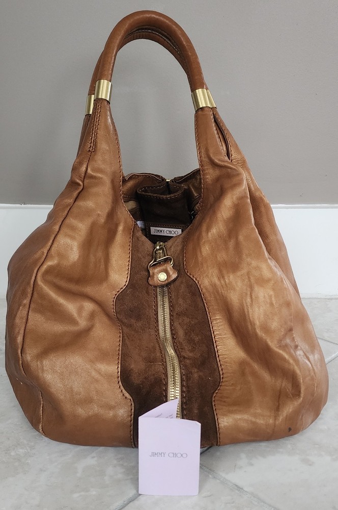 Vintage Jimmy Choo Mona Expandable Tote Brown Gold Sheen & Taupe Suede Purse