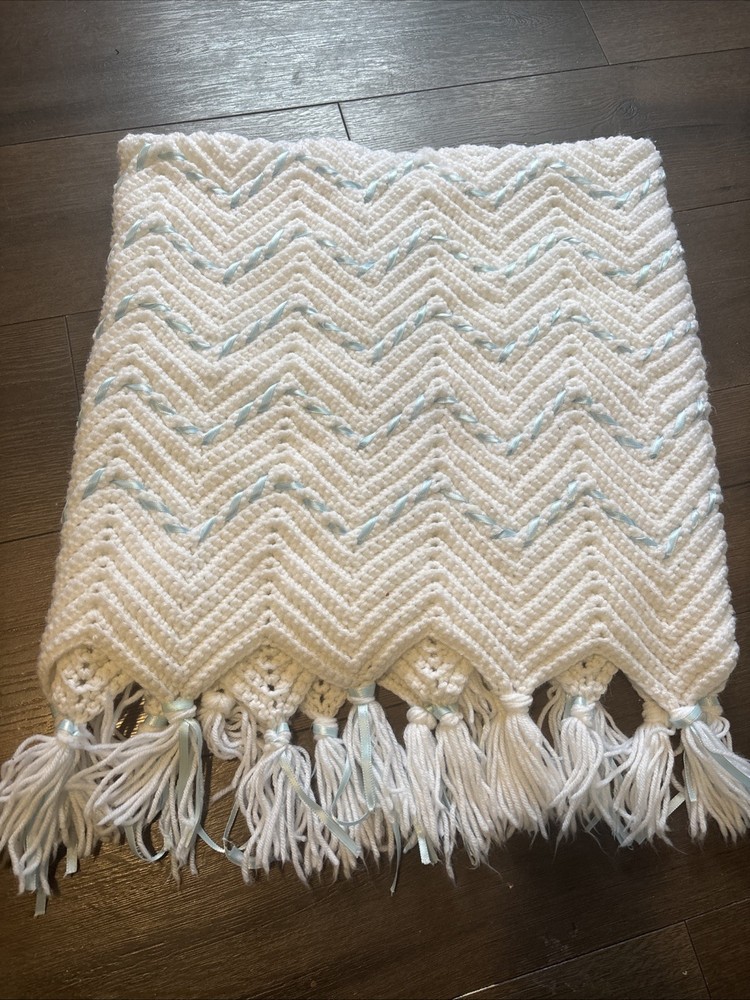 hand knitted baby blanket White Blue String 40x40  Never Used. Crochet Newborn