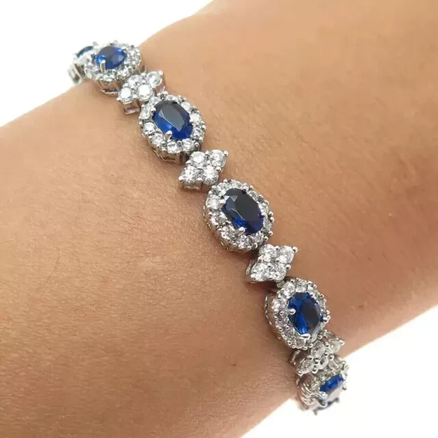 9Ct Oval Lab-Created Sapphire Diamond Bracelet in 14K White Gold Plated 7.5 Inches