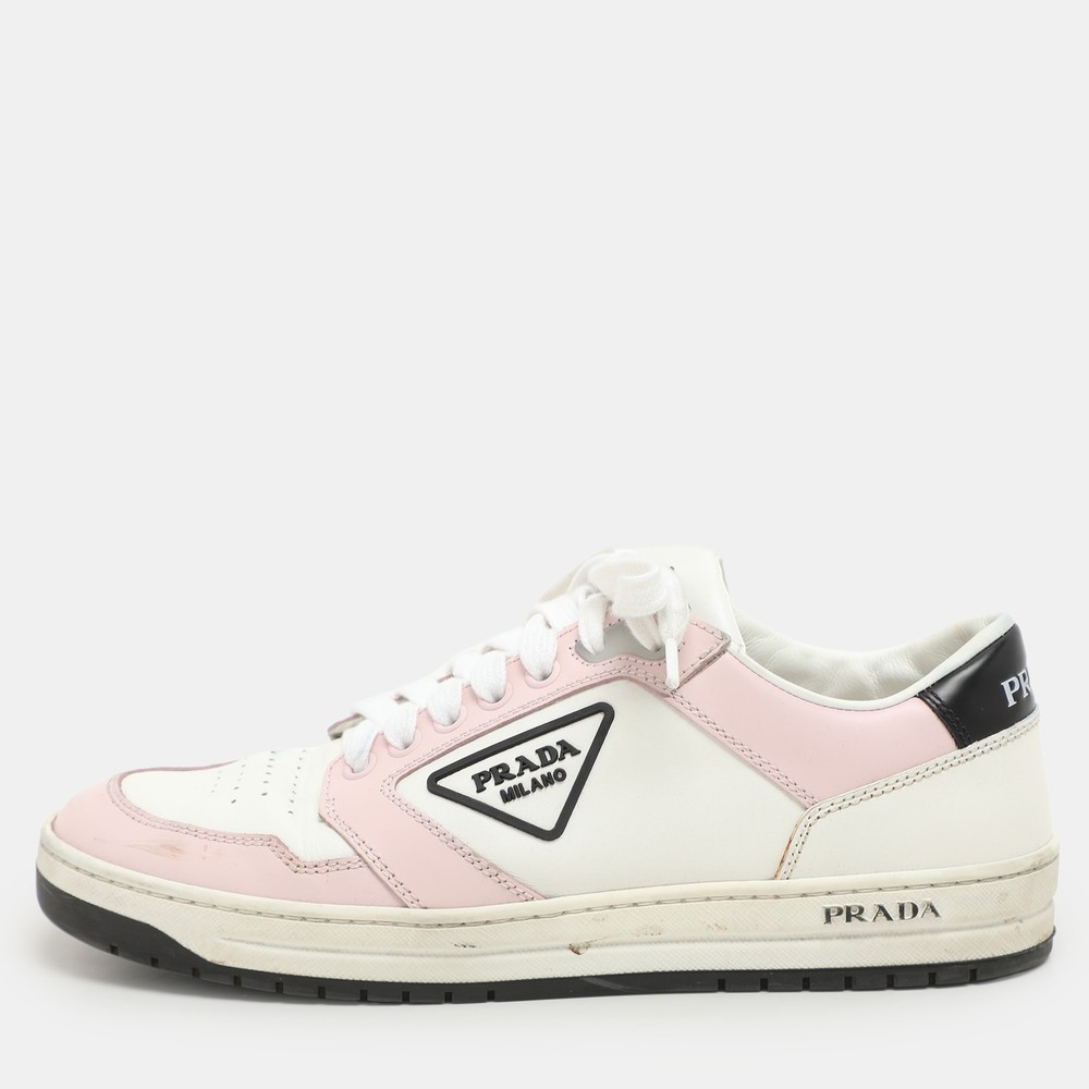 Prada White and Pink Leather Low Top Sneakers Size 38
