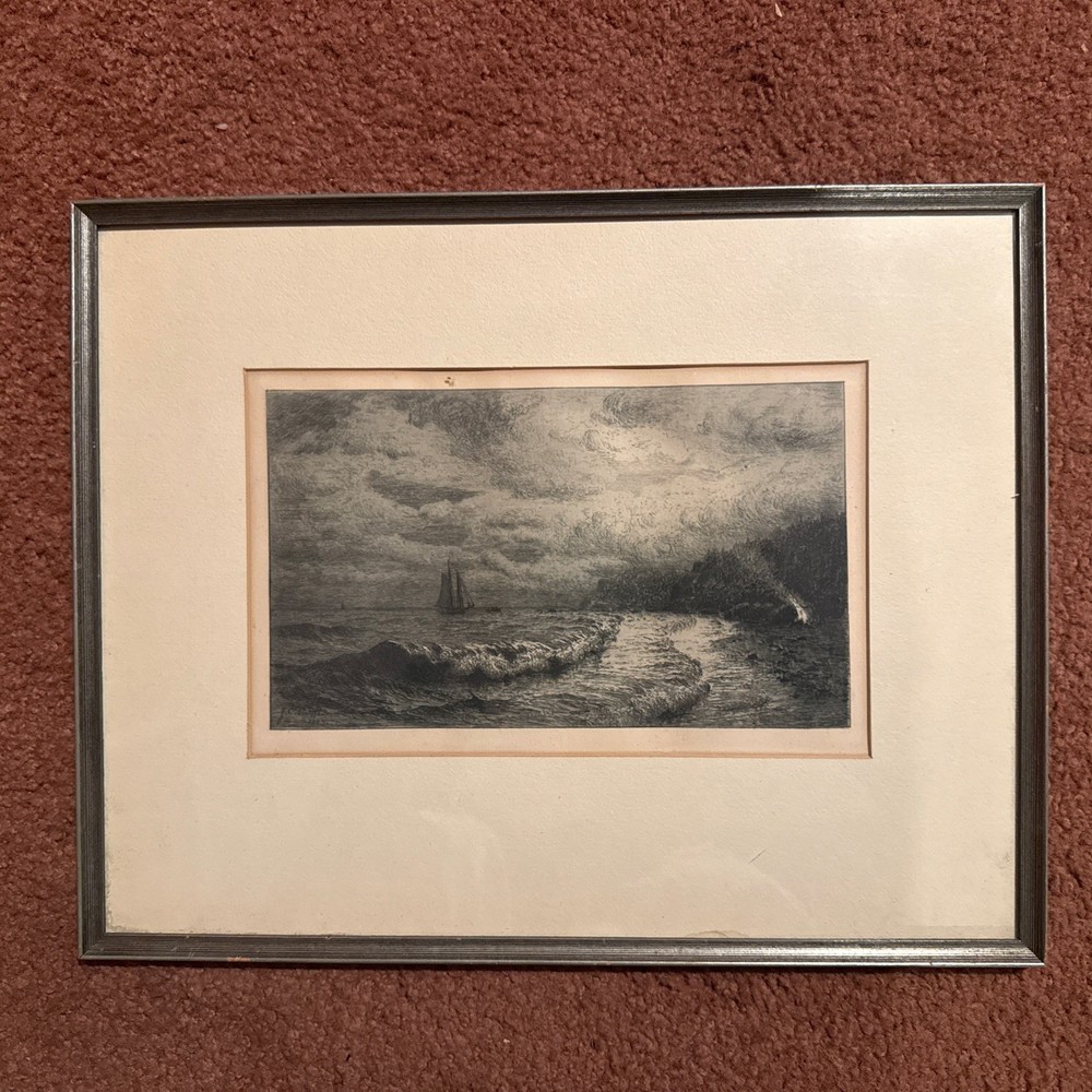 Antique J. C. Nicoll Original Etching / Engraving 1883 Signed Seascape Boat