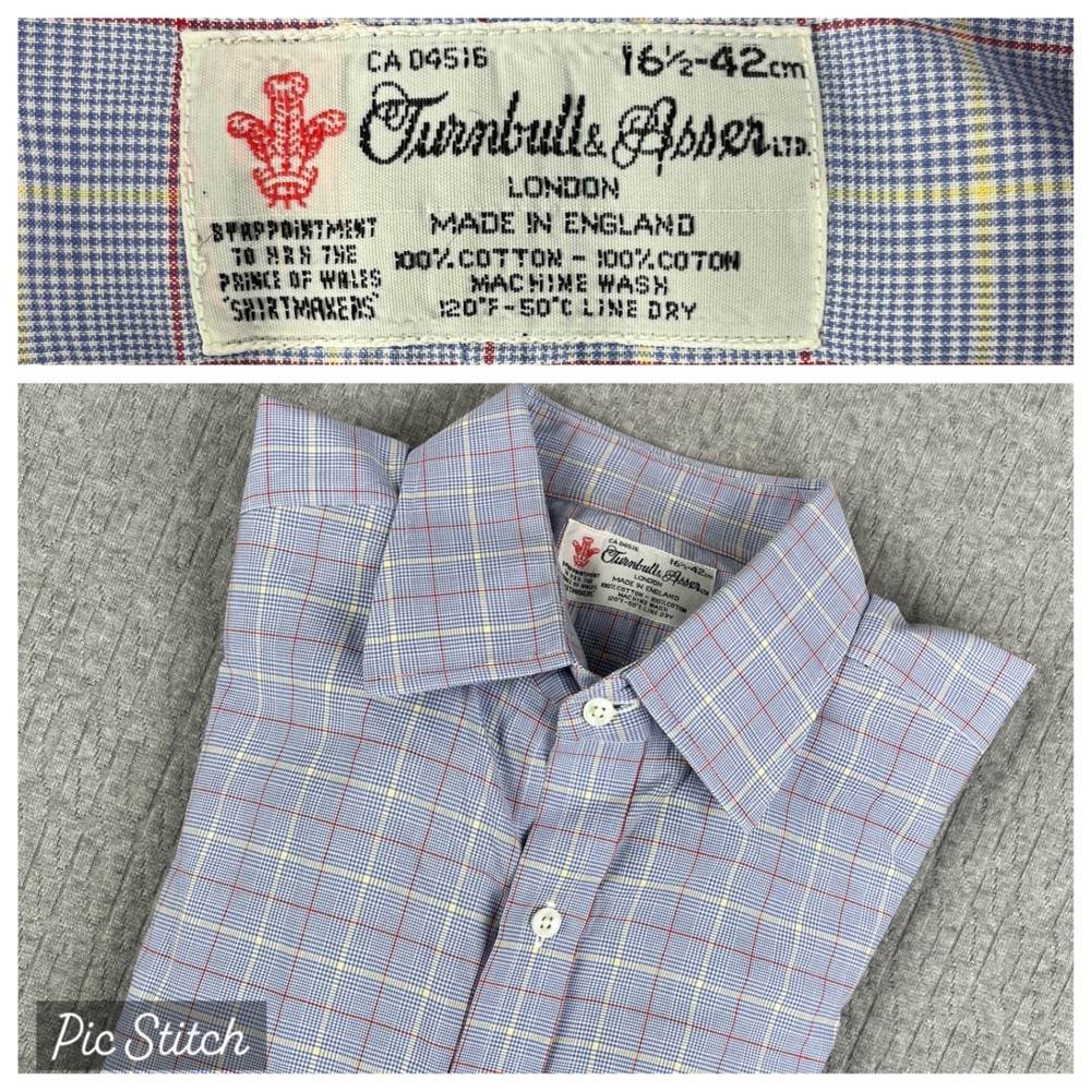 Vintage Turnbull & Asser windowpane check Dress Shirt Men L 16.5 Blue England