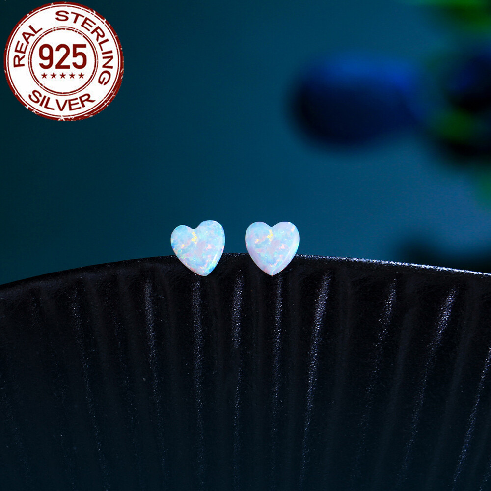 Opal Heart Stud Earrings in 925 Sterling Silver for Women