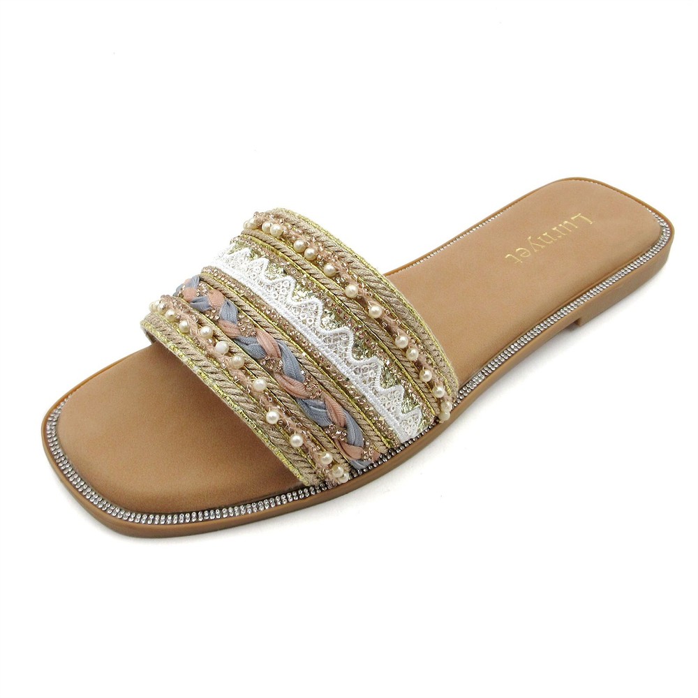 Women's Bohemian Slide Flat Sandals Pearl Embellished Lace Detail Rhinestone