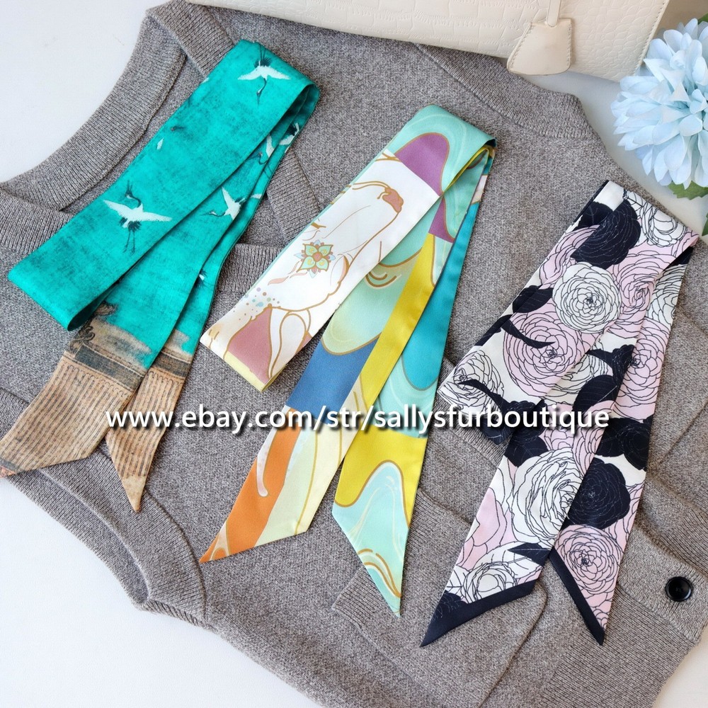 Sallys Boutique 100% Twill Silk Scarf Ribbon Oriental Print Bag Neck Tie 120x6cm