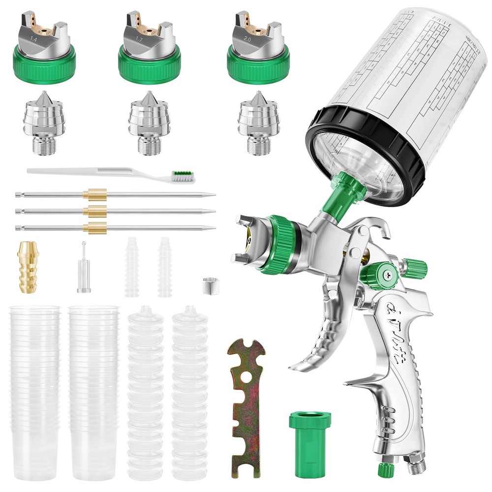 HVLP Spray Gun with 1.4/1.7/2mm Copper Nozzles and Adapter, Air Spray Paint G...
