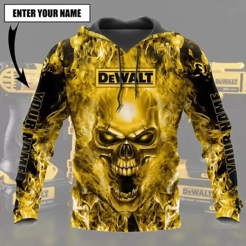 Personalized Dewalt Beautiful Tools Yellow Fire Flame Skull 3D Hoodie Size S-5XL
