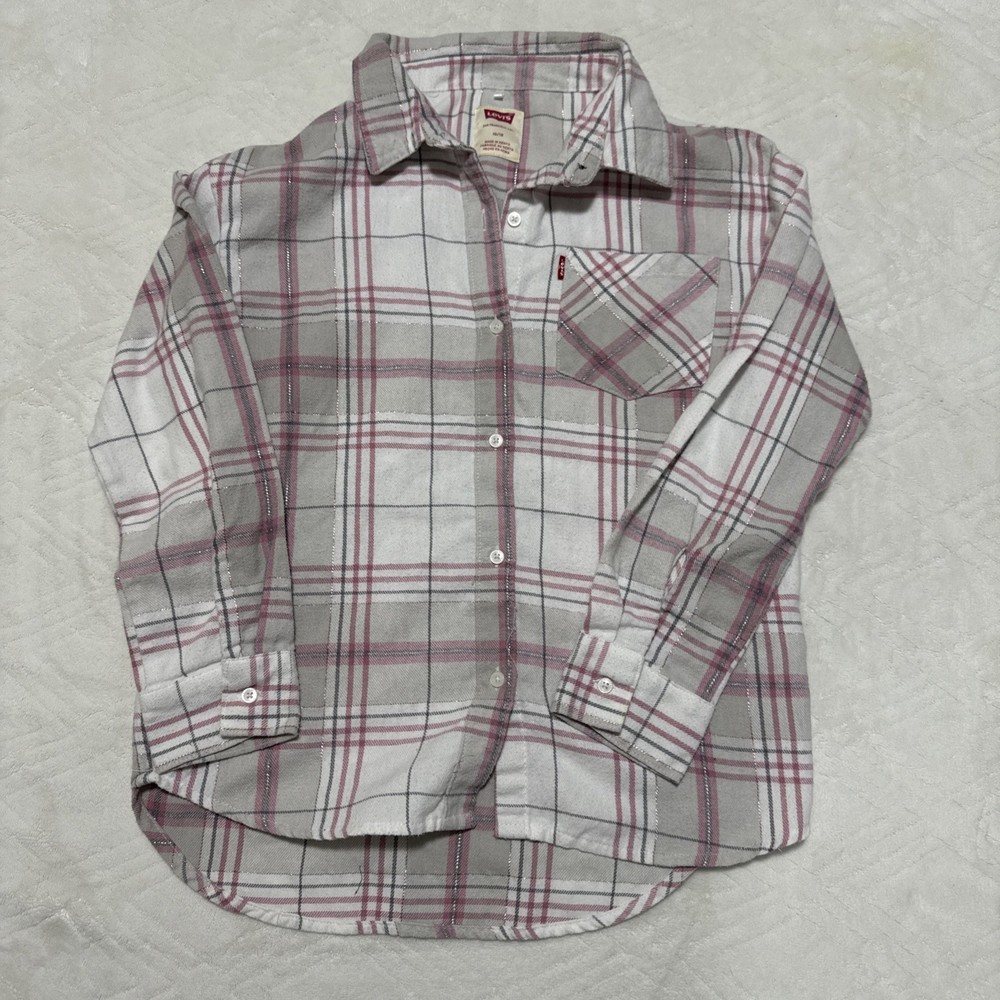 Levi Girls Flannel Youth size 10/12 Long Sleeve Pink Plaid with Metalic Thread