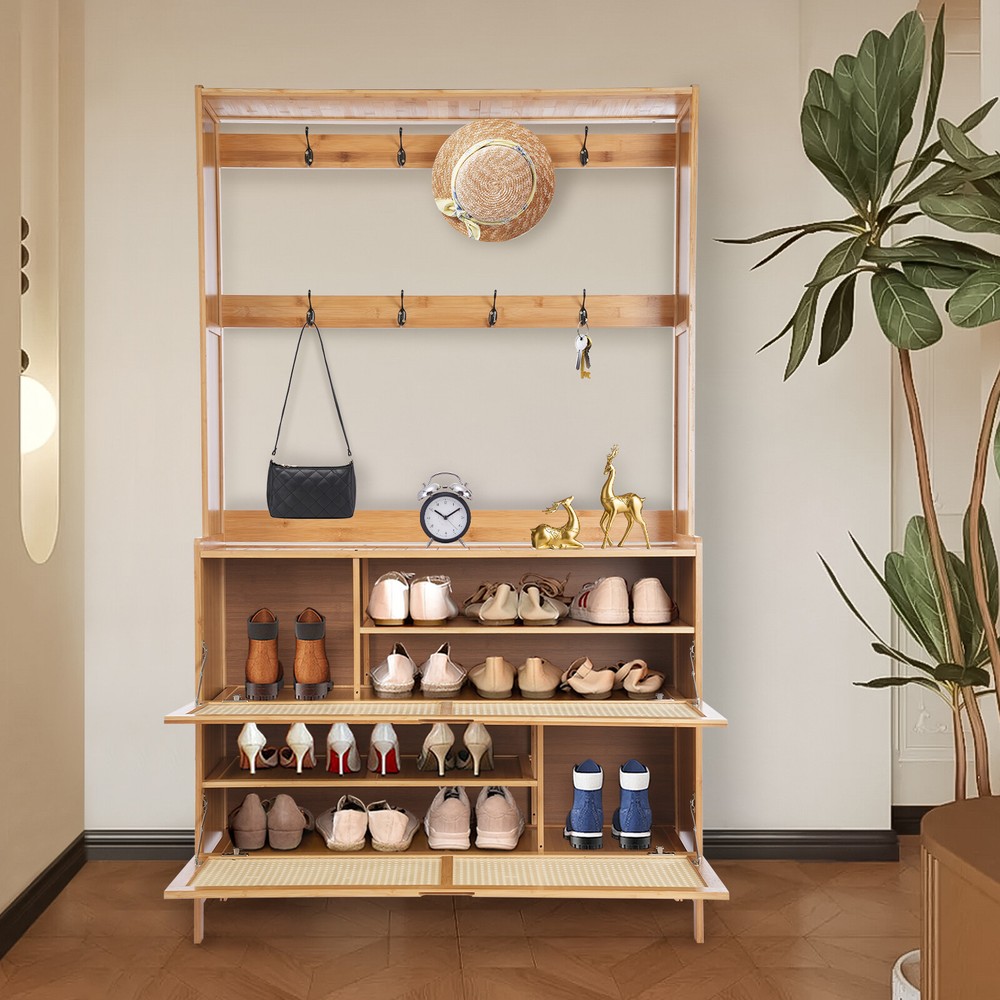 4in1 Coat Rack Closet Garment Shoe Organizer Clothes Hanger Storage Bench Shelf